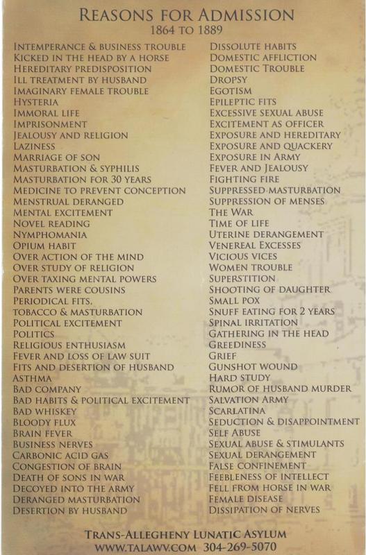 Reasons for Admission to Insane Asylums in the 19th Century