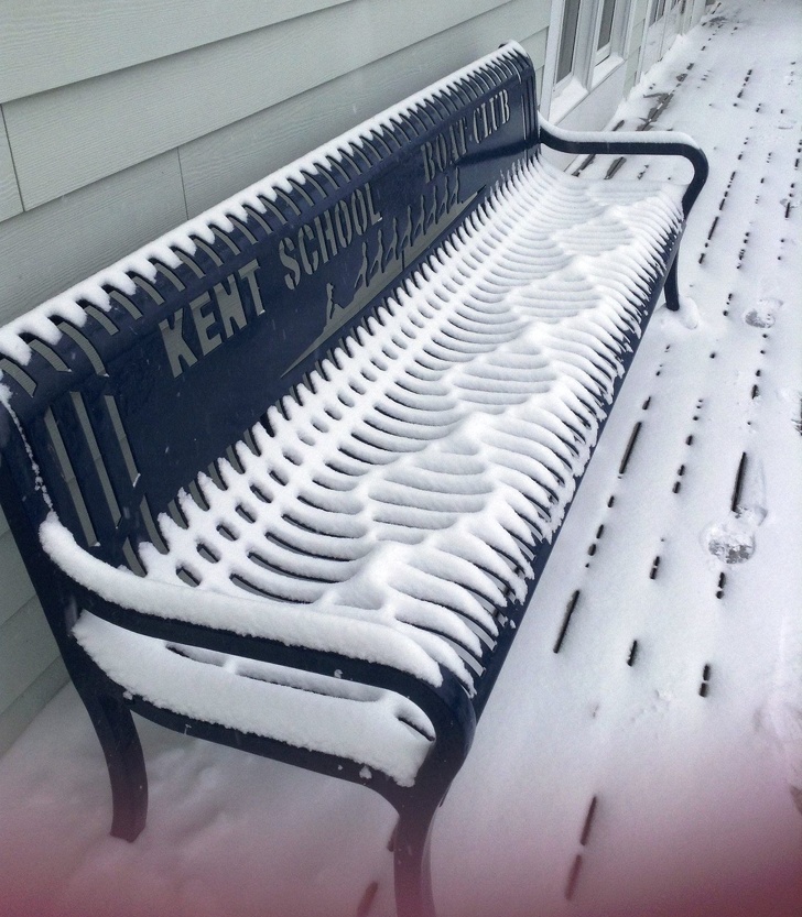 The pattern created by the snow on this bench