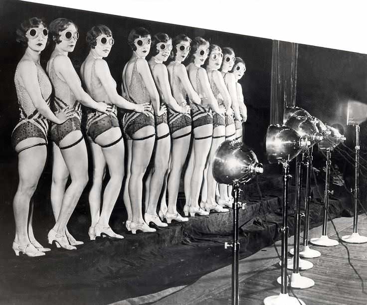 A chorus line of girls with goggles in the US in 1929.