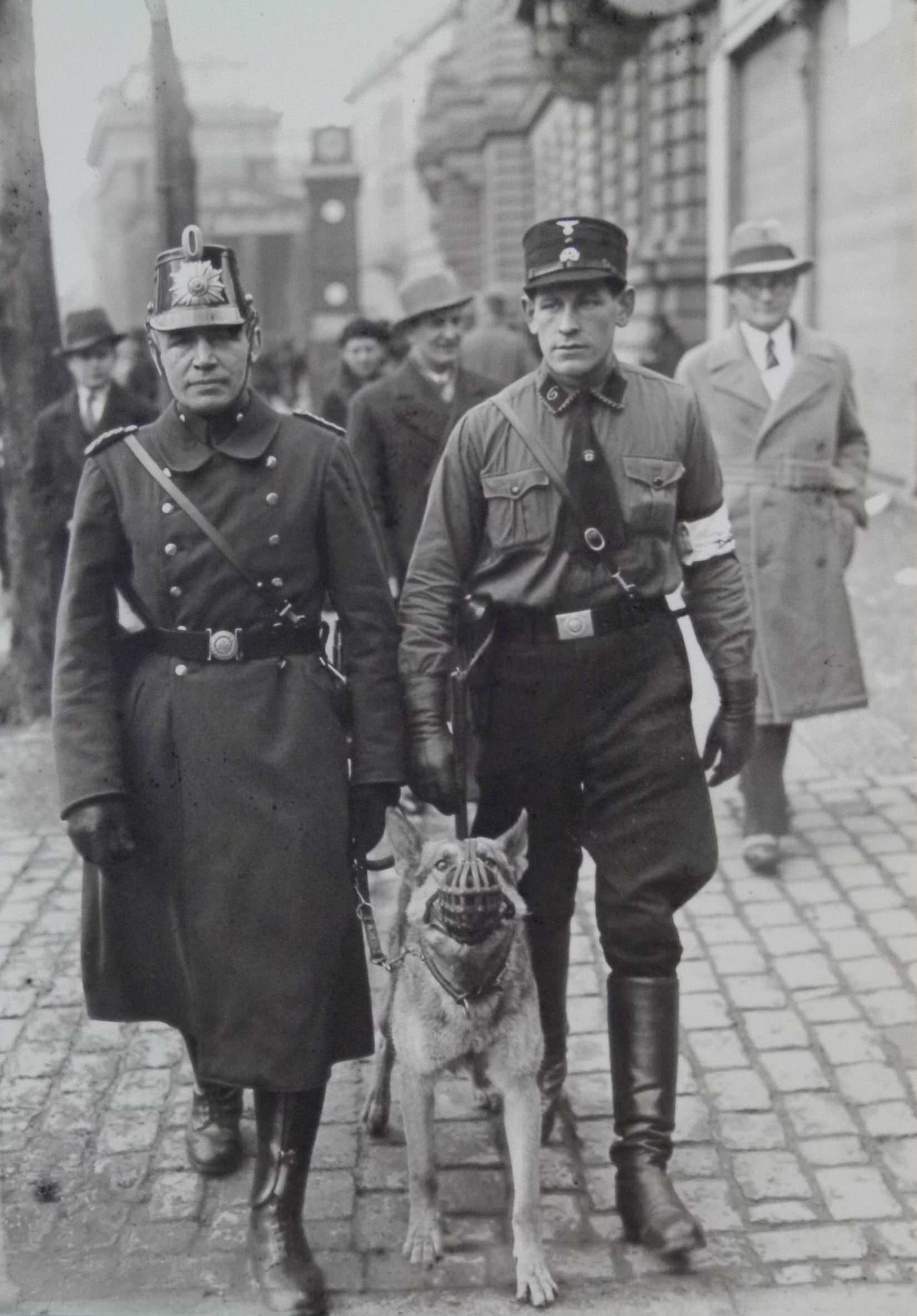 A Nazi official and a policeman patrol with an attack dog in Berlin, Germany in 1931. The dogs muzzle makes this picture.