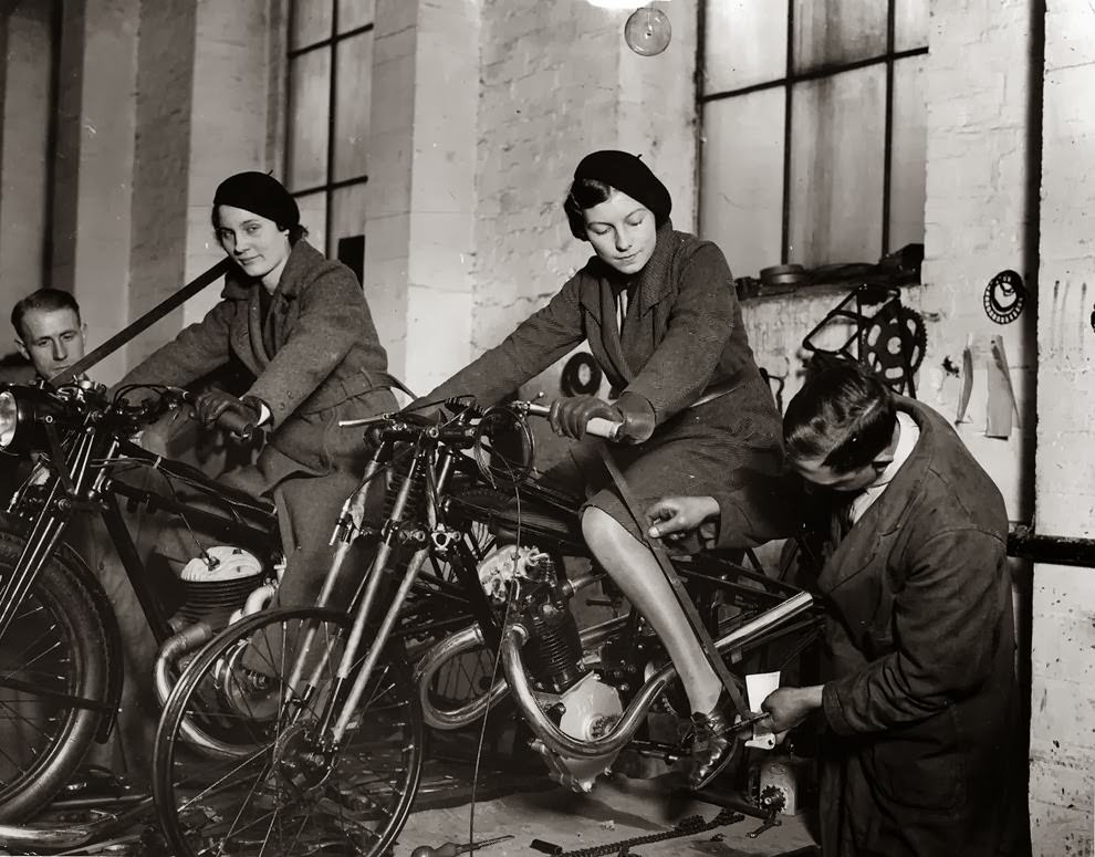 Measuring the footrest length at a motorcycle factory in England in 1933.