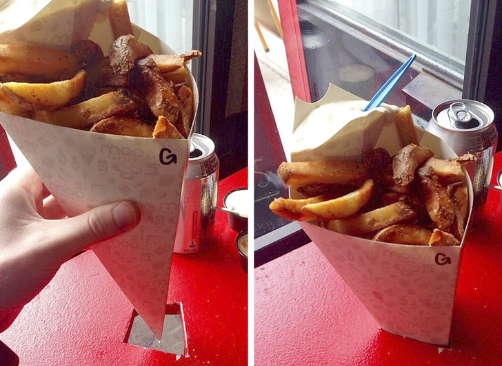 This restaurant sells fries in paper cones — and the tables have diamond-shaped holes that hold the cones.