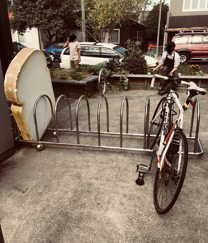 “My local sourdough bakery has a bike rack in the shape of a toast rack, complete with an oversized slice of bread.”