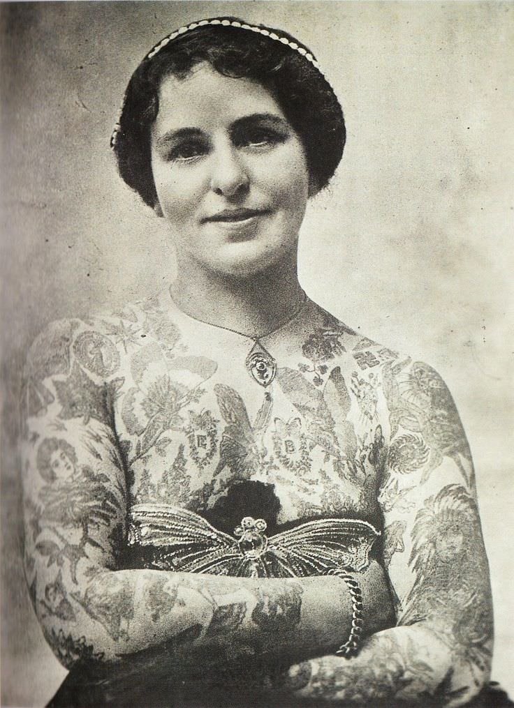 Edith Burchett, the wife of famous tattoo artist George Burchett, in England in 1921.