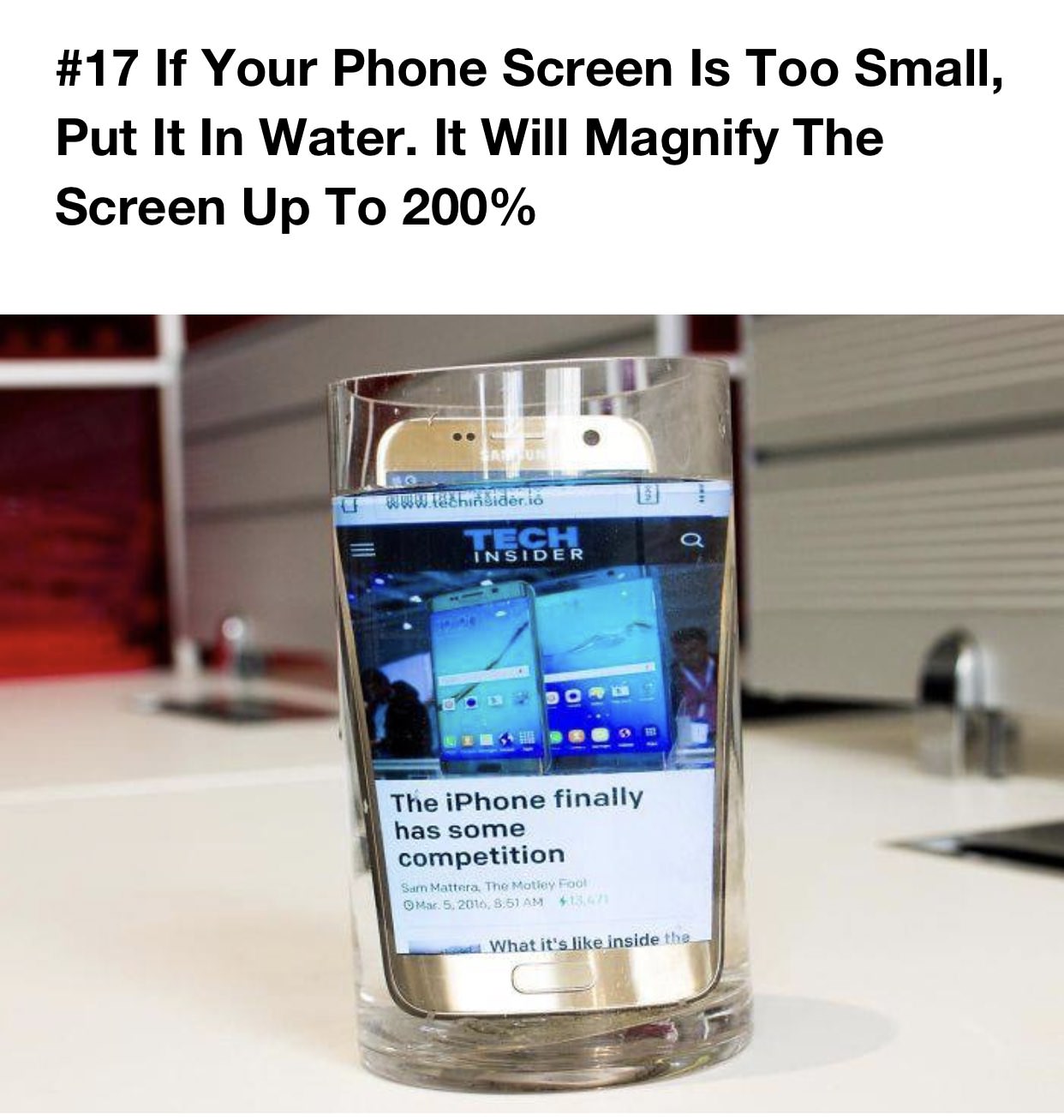 samsung water resistant - If Your Phone Screen Is Too Small, Put It In Water. It Will Magnify The Screen Up To 200% Tecer e Odo The iPhone finally has some competition Sam Mattera, The Motley Foot Mar. 5. 2016, 8,51 Am 130 What it's inside the