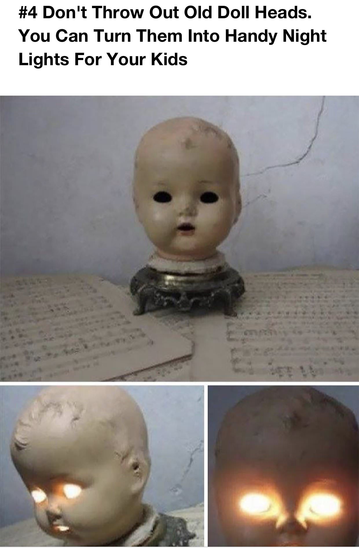 doll head lamp - Don't Throw Out Old Doll Heads. You Can Turn Them Into Handy Night Lights For Your Kids
