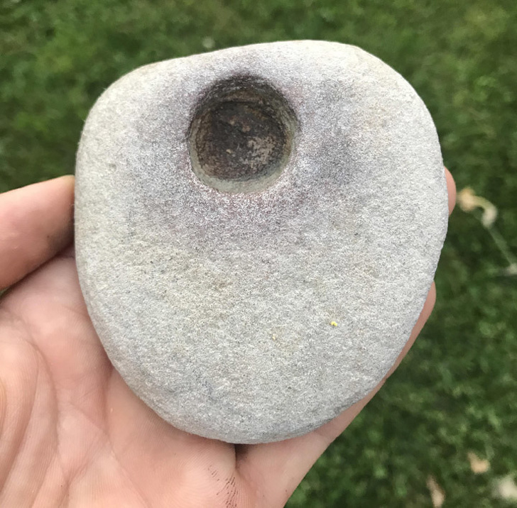 “Found in the Roanoke River, Virginia. Hole is ~15mm deep, and imperfect.”