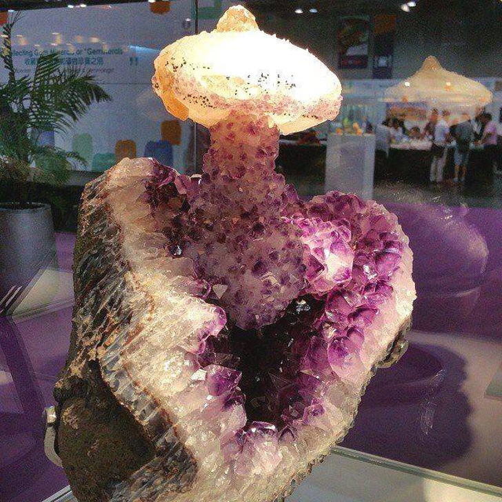This amethyst geode with calcite looks like a nuclear explosion