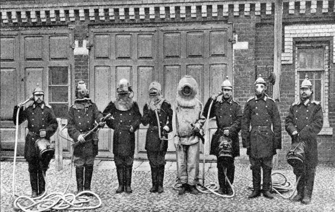 Firefighters showing all their different gear in Moscow, Russia in 1903.