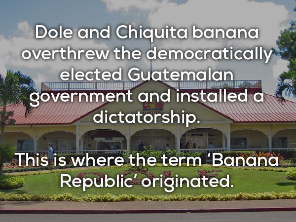dole pineapple plantation - Dole and Chiquita banana overthrew the democratically elected Guatemalan government and installed a dictatorship. This is where the term 'Banana Republic' originated.