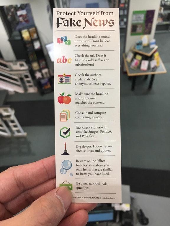 Public library offers bookmarks that teach how to discern real news from fake news