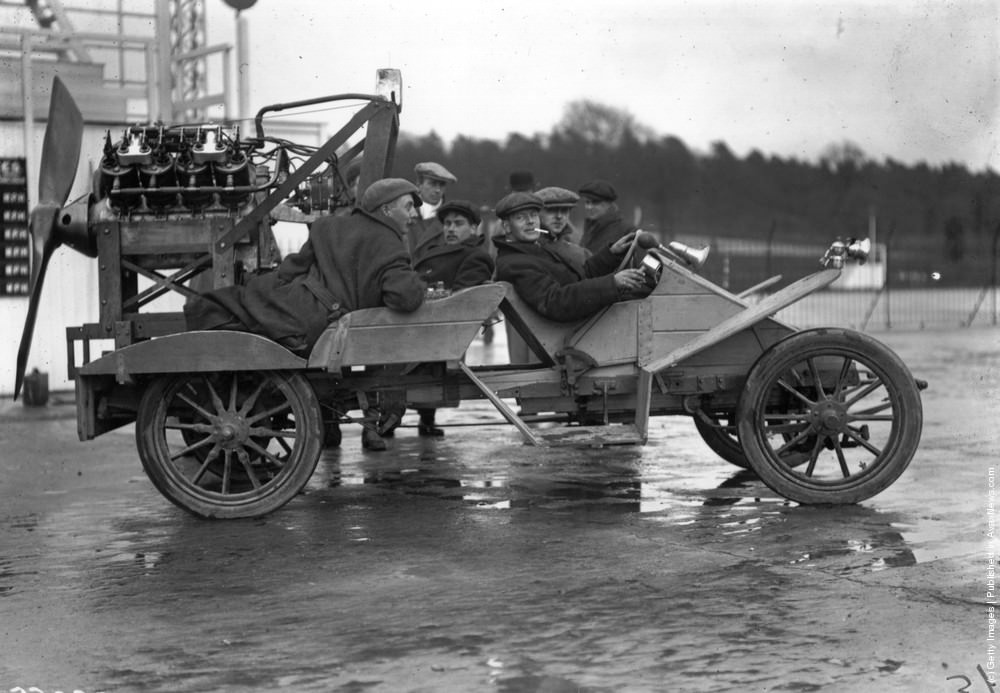 A motor car at Brooklands race track which has been fitted with a propeller for extra speed in England in 1911.