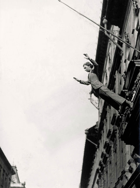 A staged picture of a woman "committing suicide" used by the Smile Club in Budapest, Hungary in 1949. This was done to discourage their members from such acts.