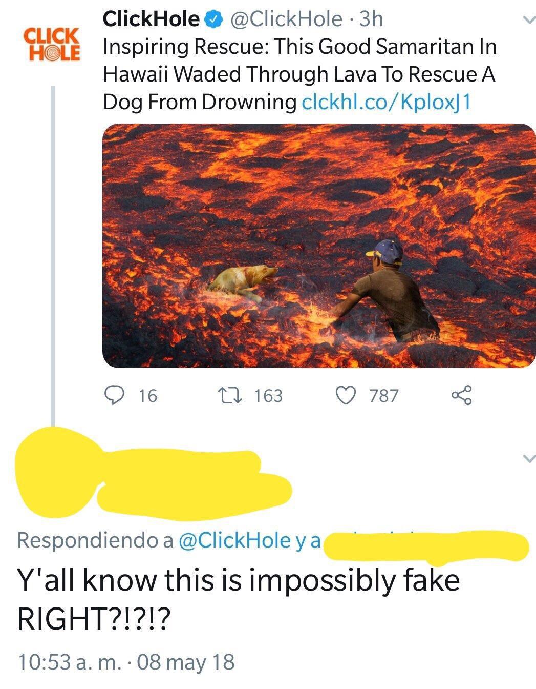 missed - heat - Chicken ClickHole 3h Inspiring Rescue This Good Samaritan In Hawaii Waded Through Lava To Rescue A Dog From Drowning clckhl.coKplox 1 9 16 22 163 787 56 Respondiendo a ya Y'all know this is impossibly fake Right?!?!? a. m. 08 may 18