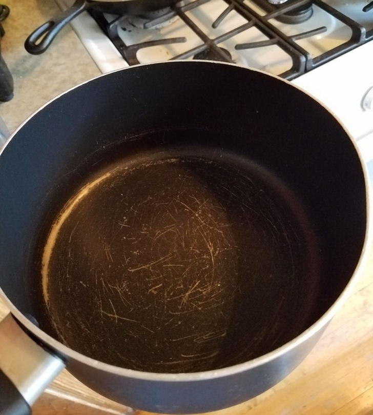 “One year after telling people to not use metal in the nonstick pan”
