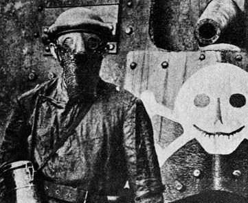 A man wears a chemical weapons protective suit in Russia in 1930.