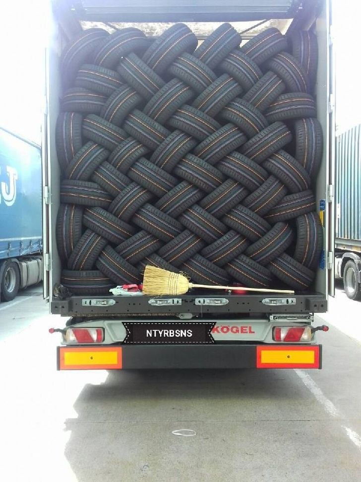 A simple human can’t place tires in the bus this way. Judging by the broom, it was a magician.