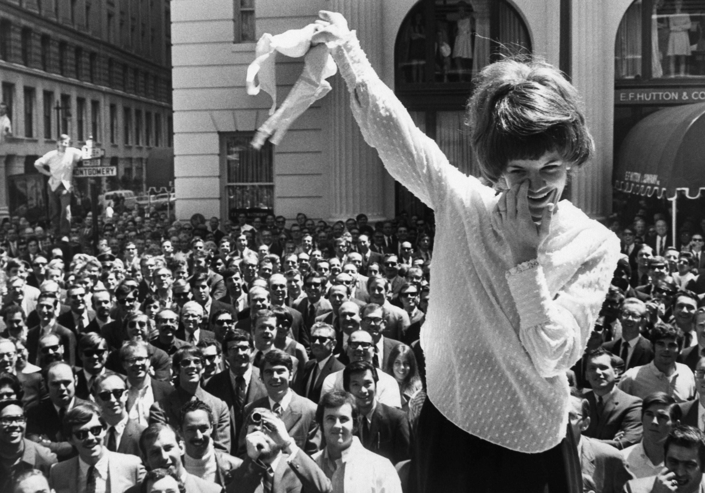 A woman removes her bra to the joy of the crowd outside a department store in San Fransisco, US in 1969. During the late 1960s and early 1970s, a number of different movements existed in the US. The anti-Vietnam movement, the Civil Rights Movement, and the Womens movement were the bigger ones. The last 2 pushed for equality in a country run predominantly by white males at the time. One of the staples of the womens movement at the time was removing their bras and on occasion, burning them. This was a sign of a womans liberation from the stigma of just being an object of affection.