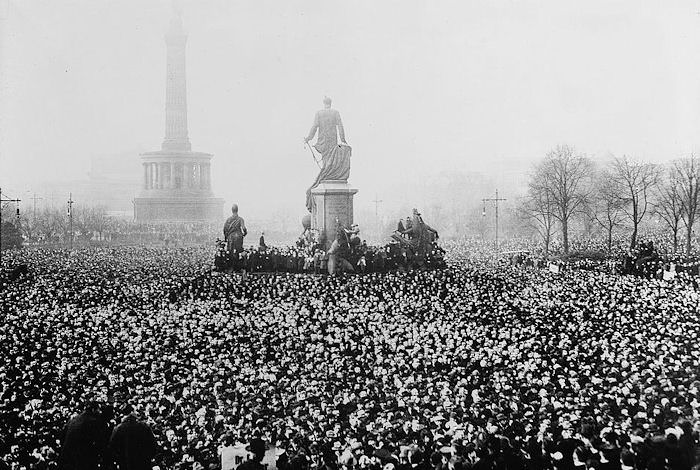 Germans in Berlin stage a mass protest on the Königsplatz on January 14, 1923, in reaction to the French occupation of the Ruhr. The protest occurred amid fears by German officials that angry mobs might storm the French Embassy in Berlin. The Embassy became a focal point of German resentment with crowds gathering there to sing Deutschland Über Alles, the German national anthem (Germany Above All) as an affront to the French personnel inside. The Treaty of Versaille and the aftermath attitude towards the German people by neighboring countries, especially France, after WWI caused lots of demonstrations and attempts to overthrow and restructure the post WWI German government, including by a younger Adolf Hitler. It would take the Great Depression for the outside movements like the Nazis to finally gain enough support to takeover, but Germany had turmoil for much of the 1920s which only fueled the angry populace and eventual support for a united and strong independent Germany which was a major message of the Nazis during rallies.
