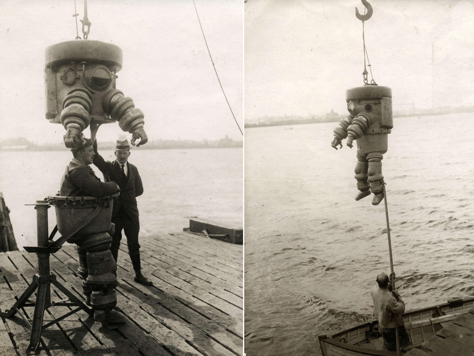 A man puts on his diving suit that was made by the Neufeldt & Kuhnke company of Kiel, Germany in 1922. Most early diving suits were huge metal suits, and were incredibly heavy. As this picture shows, the diver is unable to move in the suit outside of water since it is so bulky and heavy. Salvage and repair were often the reason for diving suits, and testing them was dangerous, with numerous fatalities due to failure as well as communication with someone in such a suit below water was incredibly difficult. Diving suits of these kind are about 200 years old, and are still being adjusted for certain depths to this day.