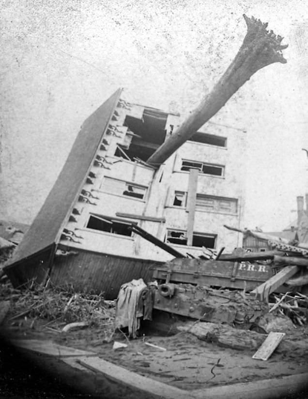 A destroyed home after the failure of the South Fork Dam on Lake Conemaugh, near South Fork, Pennsylvania, US on May 31, 1889. After a few days of heavy rainfall, the damn suffered a complete failure. Around 14.55 million cubic meters of water was released on the town of Johnstown, sweeping entire homes away in a single hit. Pictures like this are not of homes toppled over, but homes that floating some miles away, with other properties obliterated entirely. The disaster killed 2,209 people, and left virtually the entire town of Johnstown, Pennsylvania homeless. Clara Barton, founded of the American Red Cross, lead the relief effort. 18 other countries actually helped as well, feeding, housing, and getting the survivors back on their feet. This event also helped the US change laws towards liability of business owners. The dam was privately owned, and lawsuits against them failed. The public was furious and it forced the US to change the law from a fault-based regime to strict liability.