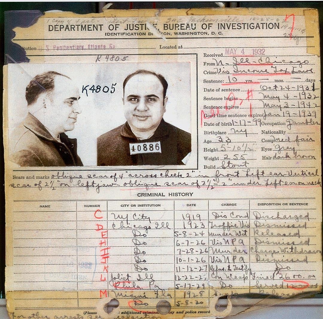 Al Capone’s FBI criminal record, showing most of his criminal charges were dismissed. 1932