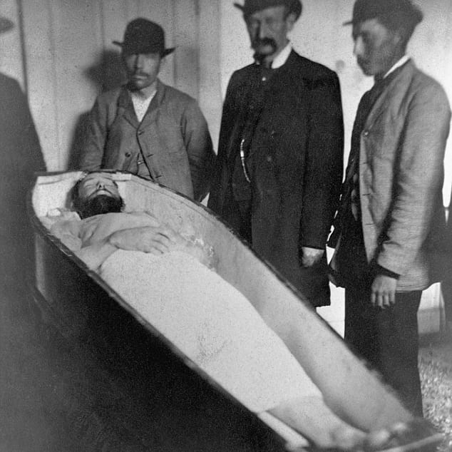 The corpse of the famous outlaw, Jesse James, shortly after his death in 1882.