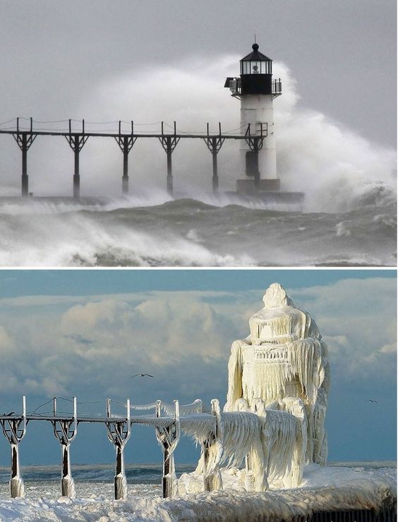 A lighthouse before and after a winter storm