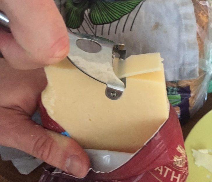 When you don’t have a cheese knife, use a vegetable peeler.