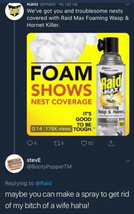 ad for insect repellent and someone tweets a reply about using it to get rid of his wife