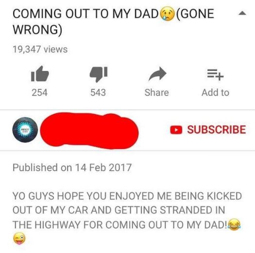 cringe youtube post of someone coming out to their father and getting kicked out of the car on the side of the highway