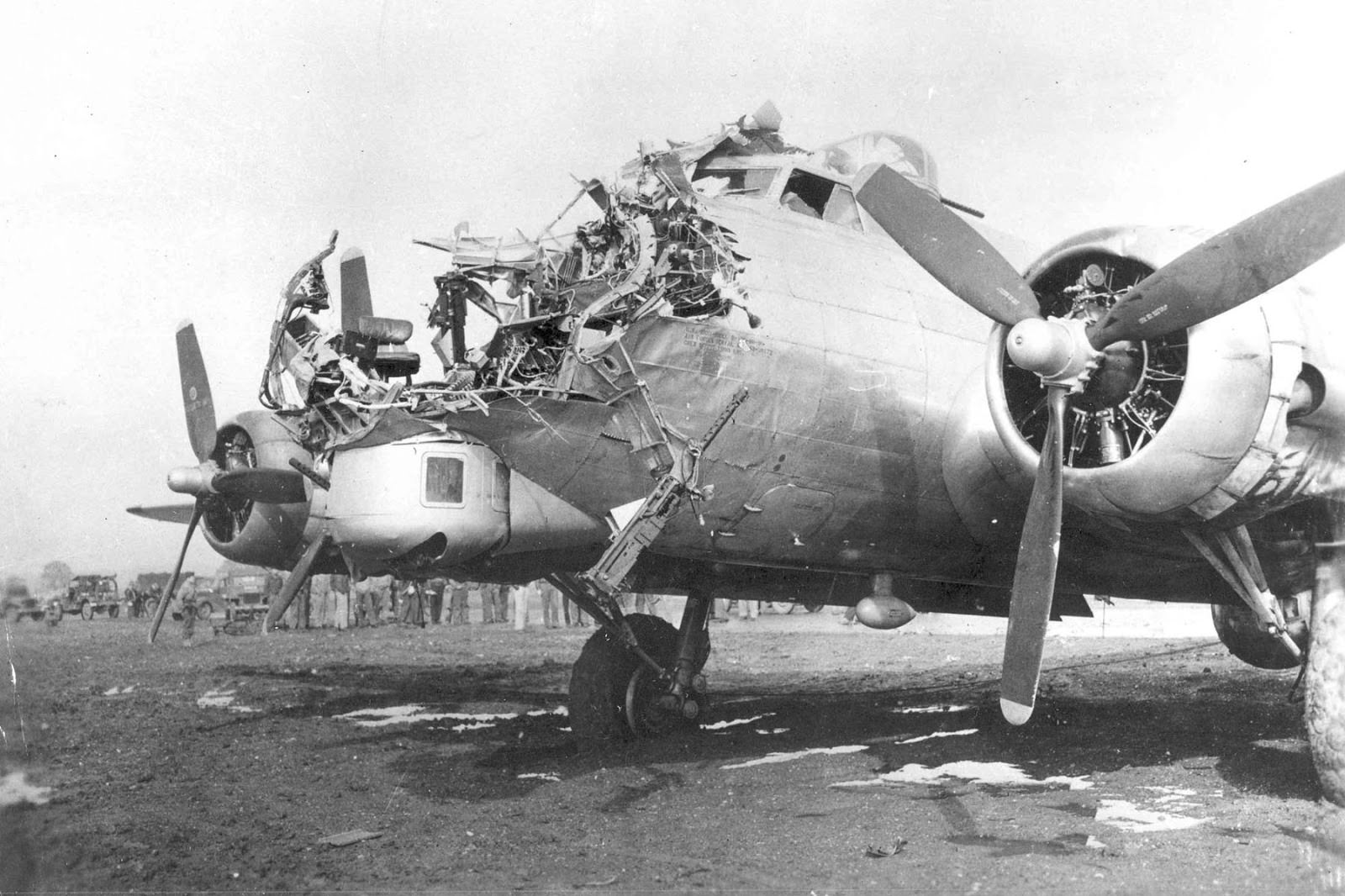 A damaged US B-17 Bomber after a mission over Cologne, Germany in 1944.