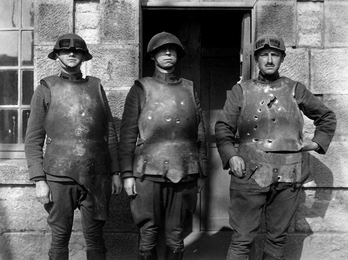 Soldiers wearing armor after it was tested with different types of firearms at Fort de la Peigney in France in 1918. They were not wearing the armor when it was tested.