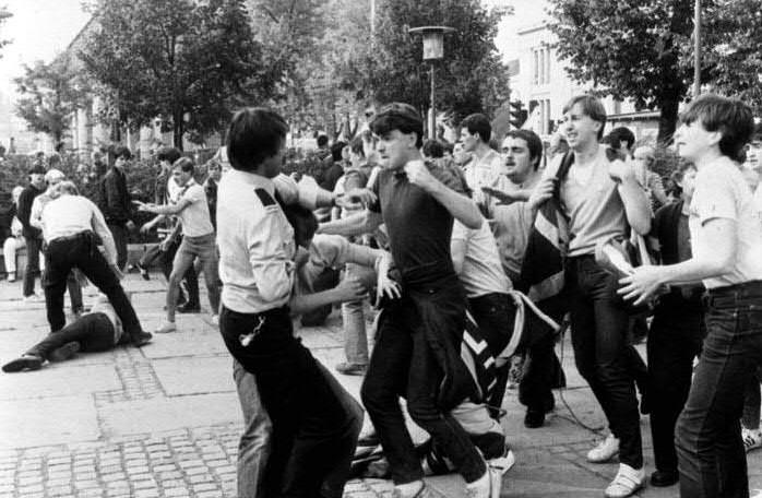 English football (soccer) supporters fight with police after causing trouble prior to the England Norway match in Oslo, Norway in 1981.