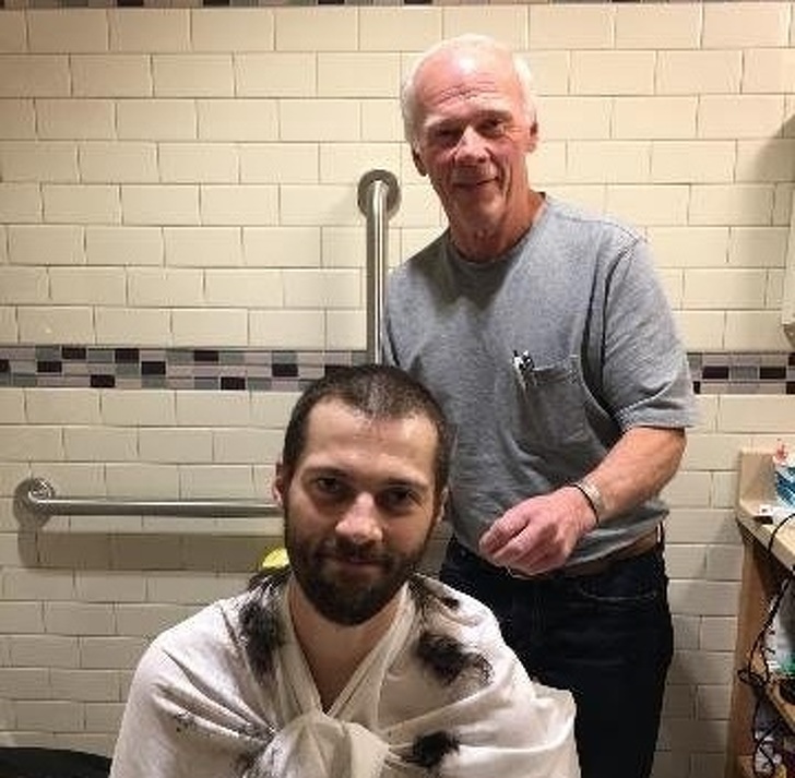 “My buddy is getting ready for a battle with cancer and starting chemo tomorrow. He and his father decided to shave their heads together.”