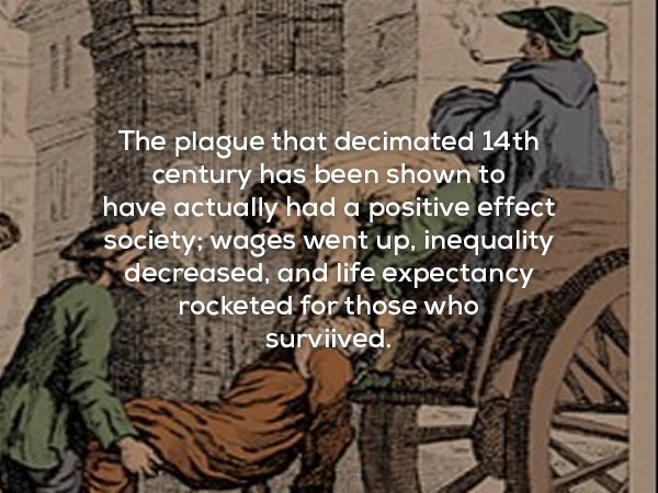 creepy fact The plague that decimated 14th century has been shown to have actually had a positive effect society wages went up, inequality decreased, and life expectancy rocketed for those who survived.