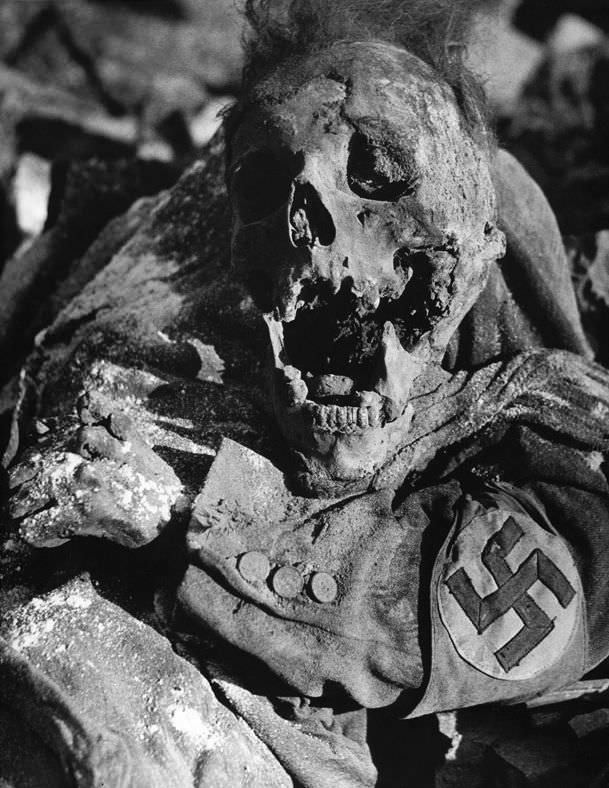 A Nazi soldier burned alive during the firebombing of Dresden, Germany in 1945.