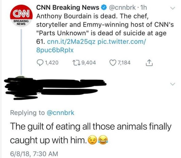 angle - Cm Breaking News Cnn Breaking News . 1h Anthony Bourdain is dead. The chef, storyteller and Emmywinning host of Cnn's "Parts Unknown" is dead of suicide at age 61. cnn.it2Ma 25qz pic.twitter.com 8puc6bRplx 1,420 129,404 7,184 The guilt of eating a