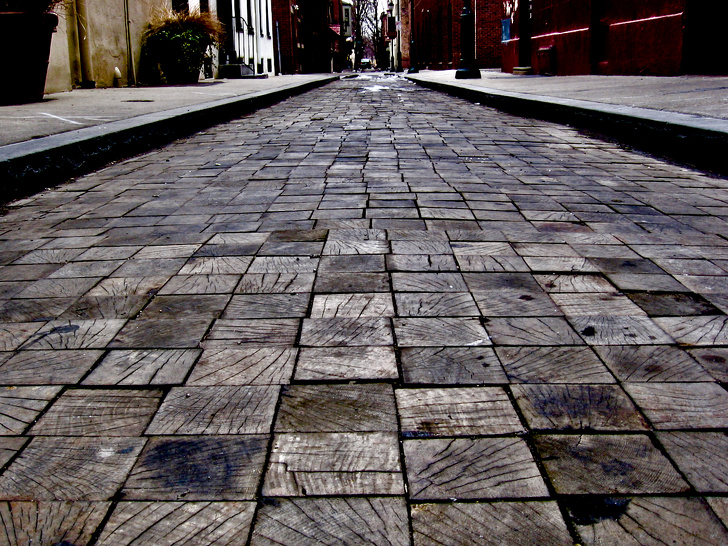 This street in Philadelphia is paved with wood.