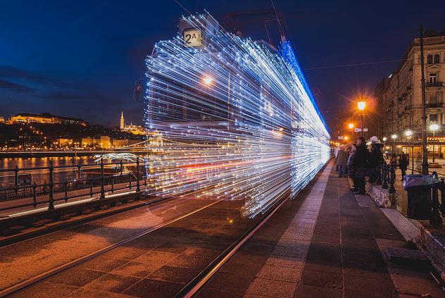 Long-exposure of a tram leaving the station