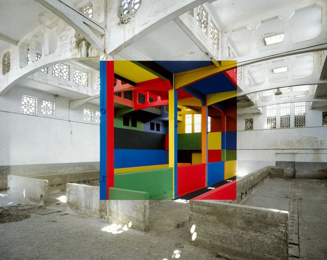 A work by French artist George Rousse, who creates his colorful, intriguing images in deserted buildings set to be demolished