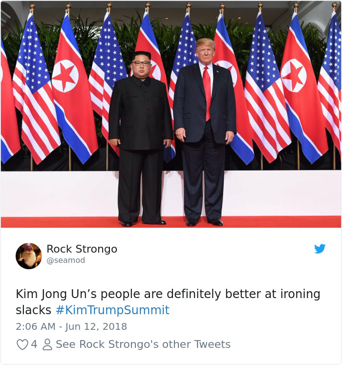Trump meme with Kim donald trump and kim jong un - Rock Strongo Kim Jong Un's people are definitely better at ironing slacks Trump Summit 4 8 See Rock Strongo's other Tweets