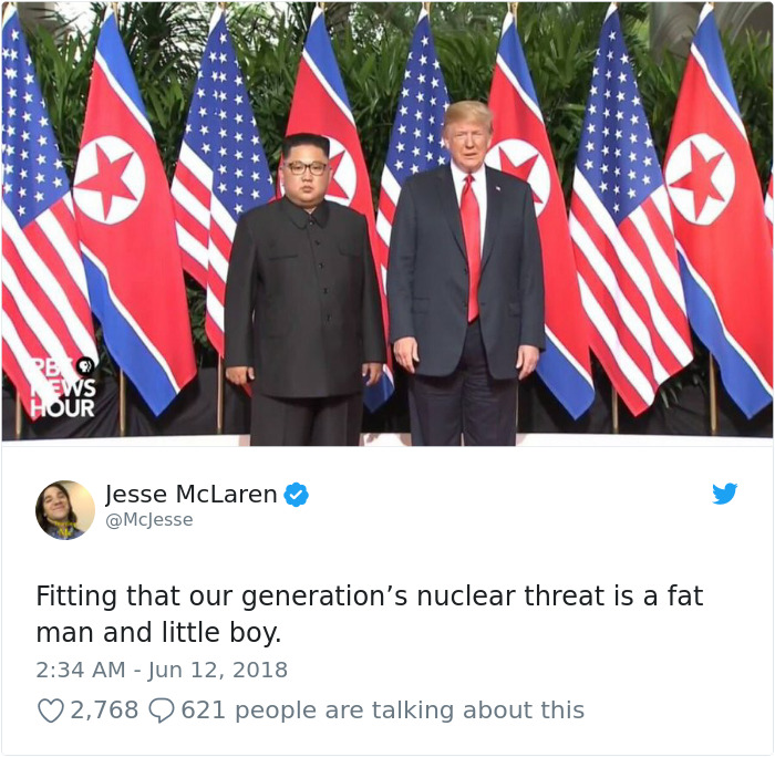 Trump meme with Kim Ews Hour Jesse McLaren Fitting that our generation's nuclear threat is a fat man and little boy. 2,768 2