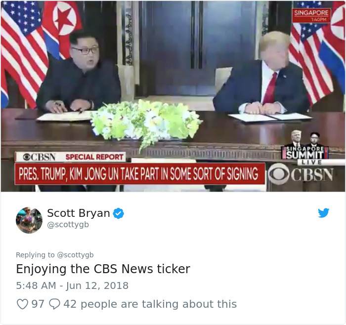 Trump meme with Kim news - Singapore Ocbsn Special Report Isingapore Summit Live | Pres. Trump, Kim Jong Un Take Part In Some Sort Of Signing O Cbsn Scott Bryan Enjoying the Cbs News ticker 97