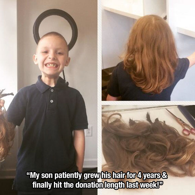 my long hair donation - "My son patiently grew his hair for 4 years & finally hit the donation length last week!"