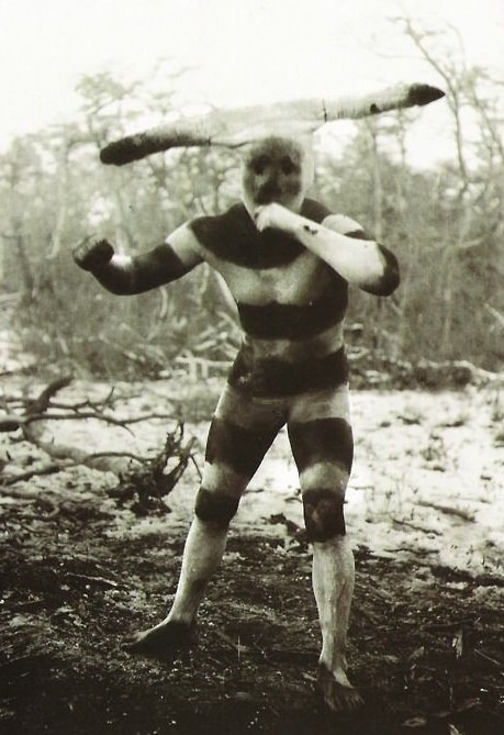 A Selknam man doing the Spirit of Hain Ceremony on the island of Tierra Del Fuego, Chile in 1923.