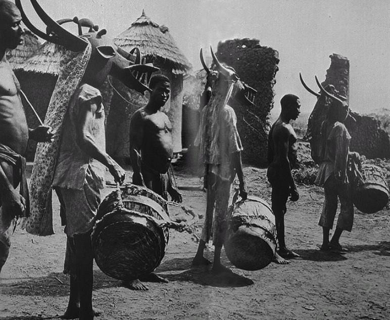 The tribe Kufulo performing for a funeral in Côte d'Ivoire in 1968.