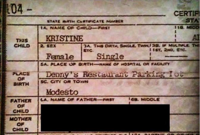 birth certificate that indicates the girl was born in a Denny's Parking Lot