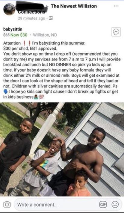 Man posting online that he offers baby-sittin
