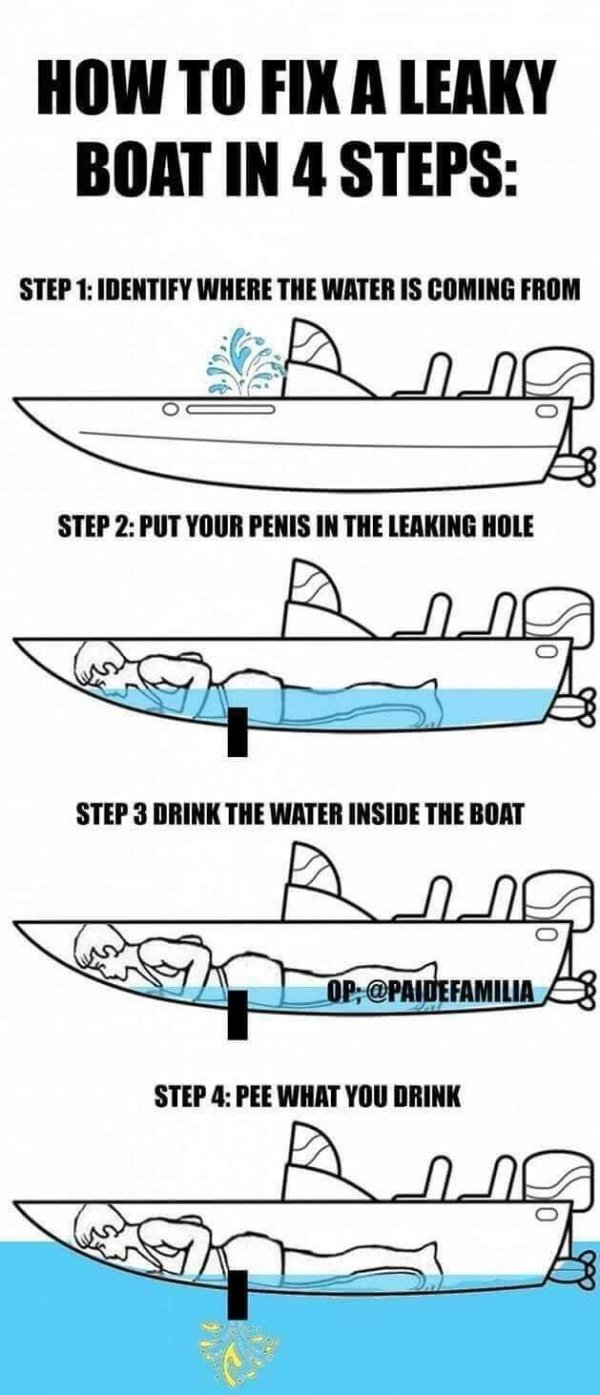 fix a leaky boat in 4 steps - How To Fix A Leaky Boat In 4 Steps Step 1 Identify Where The Water Is Coming From Step 2 Put Your Penis In The Leaking Hole Aang W Step 3 Drink The Water Inside The Boat OpEpaidefamiliar P Step 4 Pee What You Drink Aang